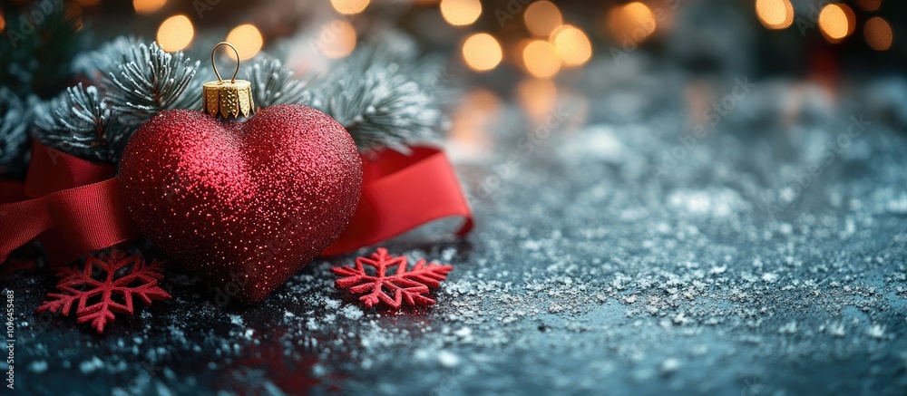 Poster Red heart ornament with snowflake and red ribbons on a vintage textured surface glowing with bokeh lights for festive holiday themes