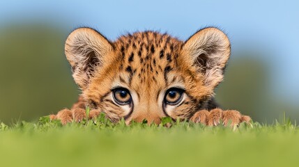  a lion cub peeking out from behind the grass, with a blurred background The cub has a brown and black coat, and its eyes are wide open, giving it a curious and inq
