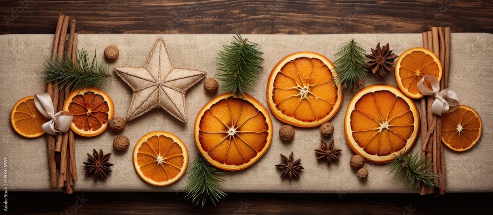 Aufkleber Handmade Christmas Tree Decorations with Fabric Wood Dried Oranges and Cinnamon Sticks Flat Lay Arrangement on Rustic Background