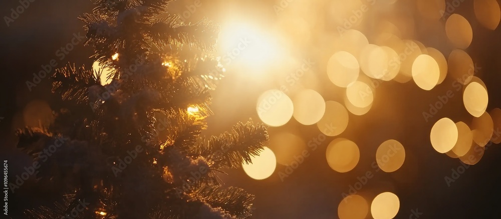 Poster Christmas tree illuminated by soft circular light blur creating a warm bokeh effect for a festive atmosphere