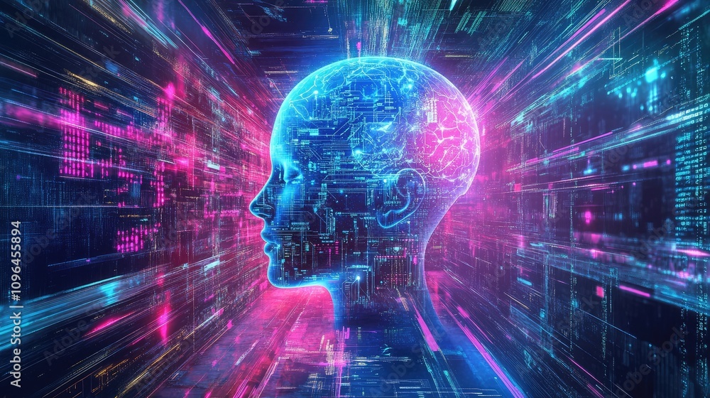 Poster ai brain glowing with quantum circuits and data streams in a futuristic abstract setting illustratio