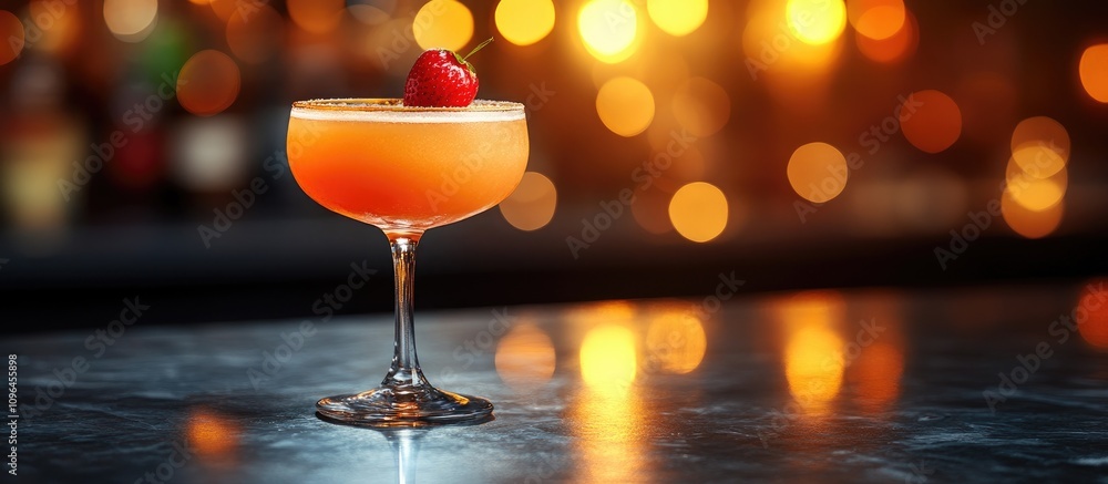 Poster elegant cocktail glass with raspberry garnish on grey marble countertop against a blurred warm bokeh