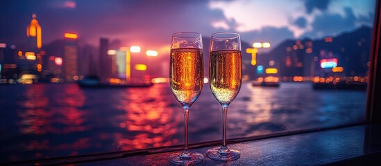 Champagne glasses against a vibrant city skyline at dusk with sparkling lights reflecting on calm water