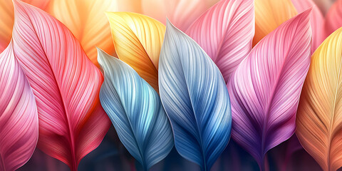 Vibrant Colorful Leaves Abstract Background, Digital Illustration of  Intricate Veined Foliage in Pastel Hues,  Stunning Botanical Art
