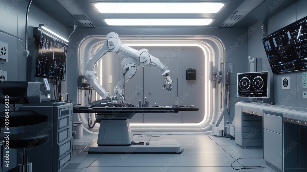 Poster ai-driven robotics assembling precision instruments in a sterile industrial setting visualization of