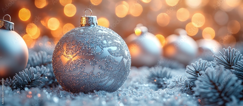 Poster silver christmas ball in bokeh setting with sparkling accents and winter decor creating a festive ho