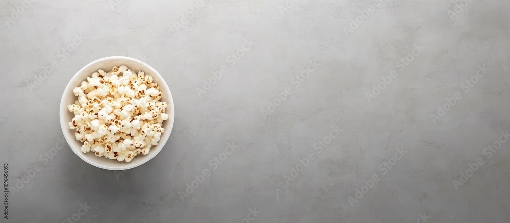 Poster popcorn in a white bowl on a grey table with ample copy space for advertising or promotional use top