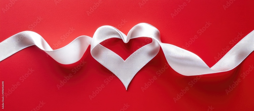 Poster satin ribbon forming a heart shape on red background symbolizing love and affection in a flat lay de