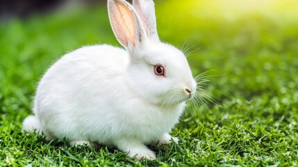 Adorable white rabbit sitting on lush green grass in sunlight.