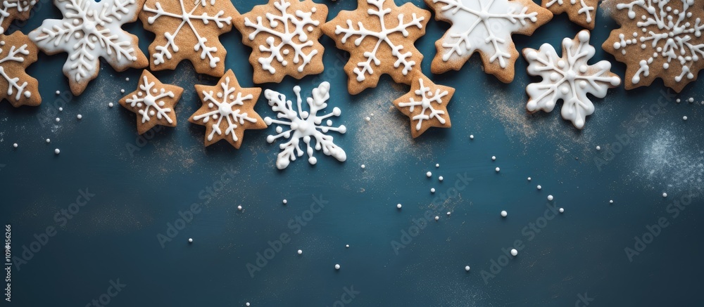 Poster Decorative snowflake shaped cookies with icing on a blue background blank canvas for festive text or holiday messages