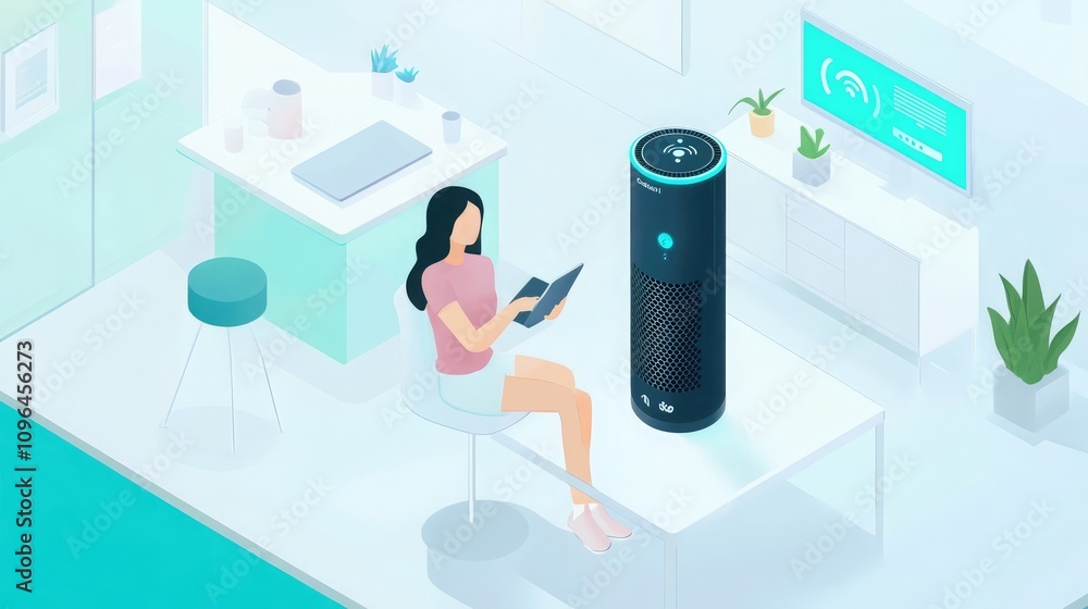 Poster ai-powered voice assistant visualized through holographic design and smart responses illustration of