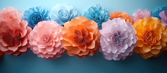 Colorful paper flowers in various shades hanging as vibrant party decorations against a blue background