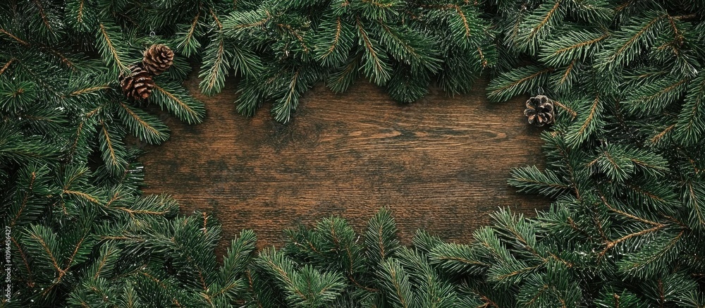 Poster festive new year's backdrop featuring spruce branches and pine cones arranged on a rustic wooden sur