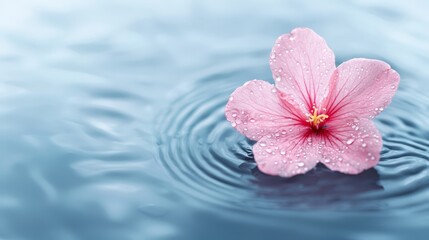  a pink hibiscus flower floating in the water with water droplets glistening on its petals