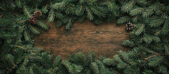 Festive New Year's backdrop featuring spruce branches and pine cones arranged on a rustic wooden surface creating a Christmas theme.