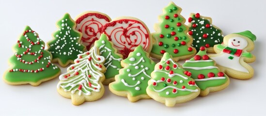 Obraz premium Festive Christmas cookies with colorful decorations featuring trees, snowmen and peppermint designs on a white background