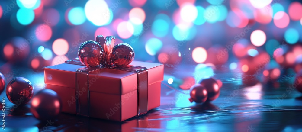 Poster Christmas gift box and ornaments on a vibrant illuminated background with colorful bokeh lights creating a festive atmosphere.