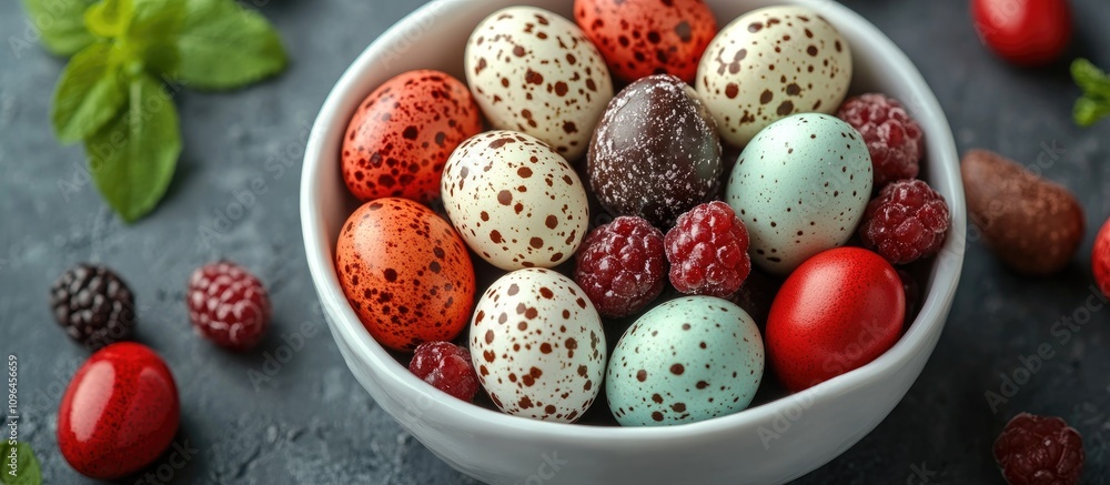 Poster colorful quail eggs in a bowl surrounded by sweets and fresh berries on a textured table background