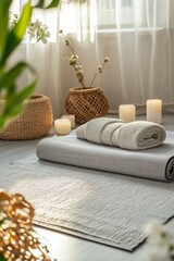 Serene yoga space; candles, mat, towel.