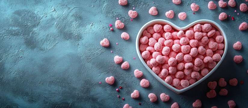 Heart shaped box filled with pink sweets and sprinkle dots on a textured blue background ideal for Valentine's Day and festive celebrations