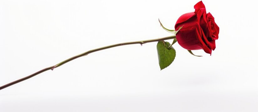 Elegant red rose on a long stem isolated against a clean white background symbolizing love and romance