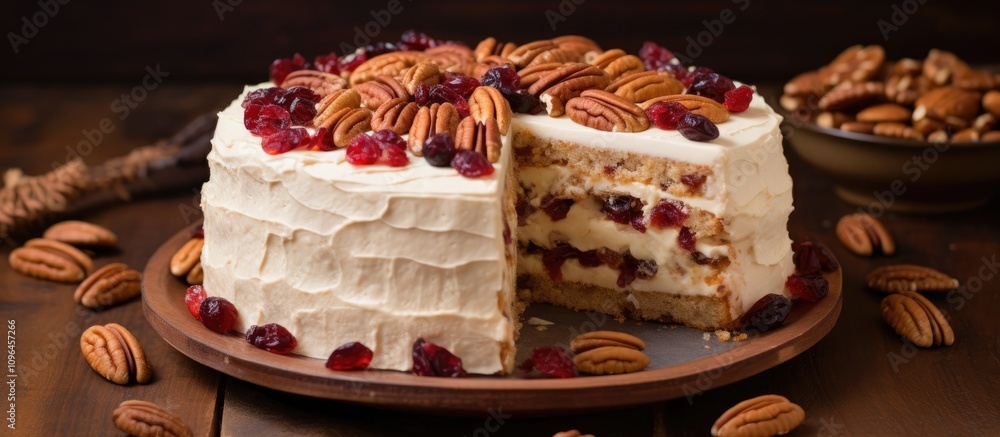 Poster pecan cake layered with almonds and dried cranberries garnished with nuts on a wooden table setting