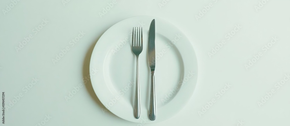 Aufkleber Elegant table setting featuring a fork and knife on a pristine white plate against a clean and minimalistic background.