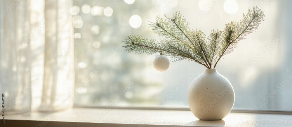 Aufkleber evergreen fir branch in a vase with white bauble against soft blurred window backdrop creating a ser