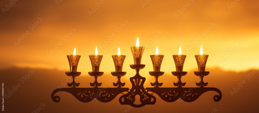 Poster Menorah illuminated by sunset glow casting shadows with an elegant design showcasing its nine branches in a serene atmosphere.