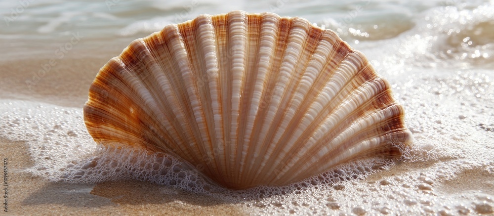 Poster scallop shell resting in foam on sandy beach with gentle waves in the background showcasing natural 