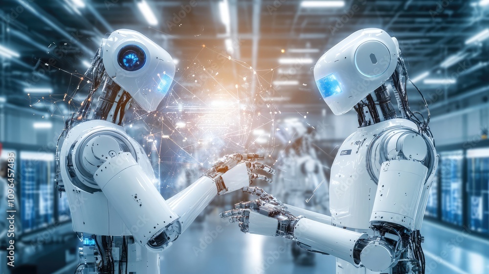 Poster autonomous robots collaborating in a high-tech environment with glowing systems dynamic representati