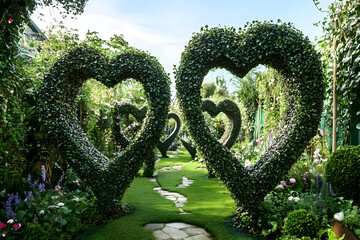 A lush garden pathway featuring heart-shaped hedges surrounded by vibrant flowers.