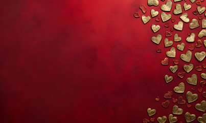A textured red background with scattered gold hearts, perfect for romantic themes.
