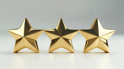 Fototapeta premium Three golden 3D stars aligned horizontally on light studio background. Professional rating or review concept featuring metallic gold star awards symbolizing excellence and achievement.