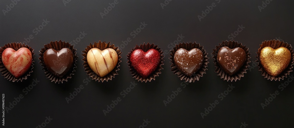 Aufkleber chocolate heart-shaped sweets in decorative wrappers displayed horizontally on a sleek black backgro