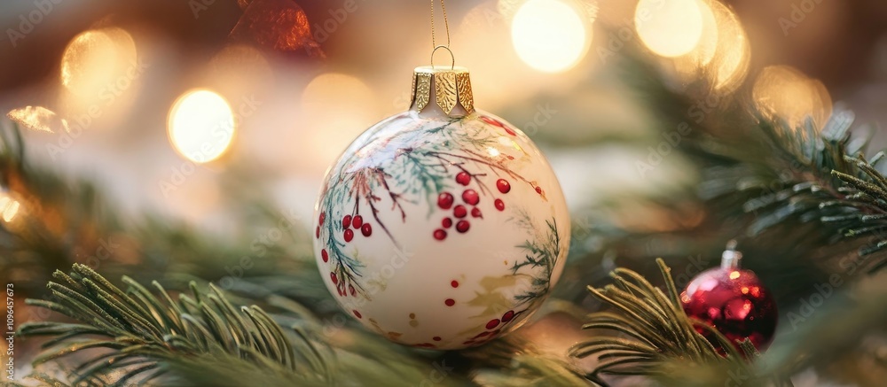 Poster elegant christmas ornament on a pine branch surrounded by warm glowing lights creating a cozy festiv