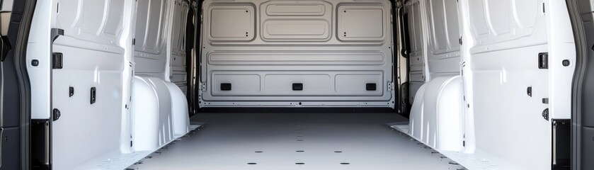 Obraz premium A spacious, empty commercial van interior featuring clean, white walls and a flat, smooth floor, ideal for transport or storage.