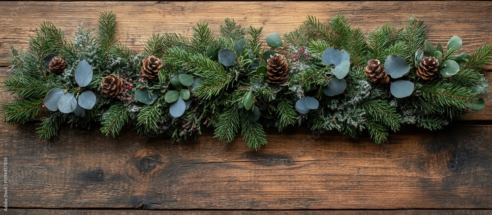 Aufkleber Rustic Christmas backdrop with evergreen branches and pinecones on wooden surface ideal for holiday designs and ample copy space
