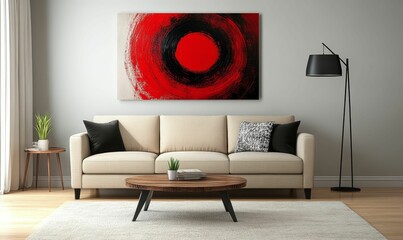 Modern living room, red and black abstract art.
