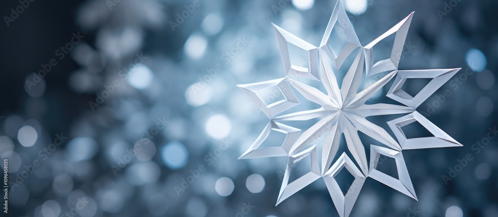 Poster delicate paper snowflake with intricate design against a softly blurred winter backdrop creating a s