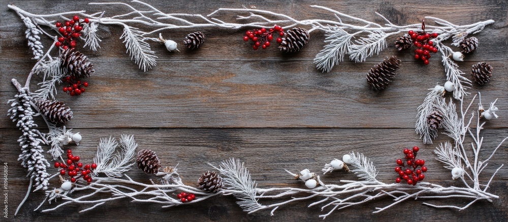Poster Christmas frame crafted from fir branches twigs red berries and cones on rustic wooden backdrop with ample copy space for text