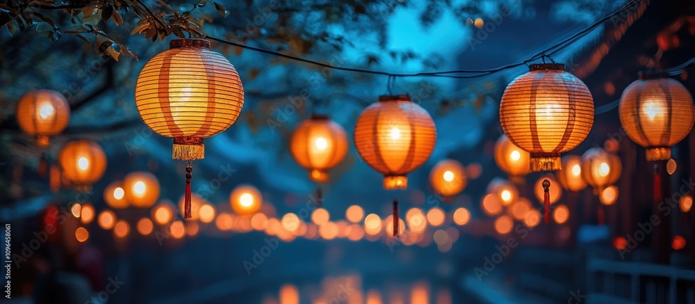 Aufkleber serene evening scene of illuminated lanterns hanging over a tranquil waterway in a festive celebrati