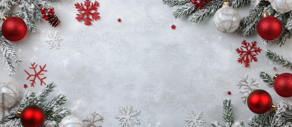 Poster festive christmas wreath with red ornaments and snowflakes on a textured background creating ample c