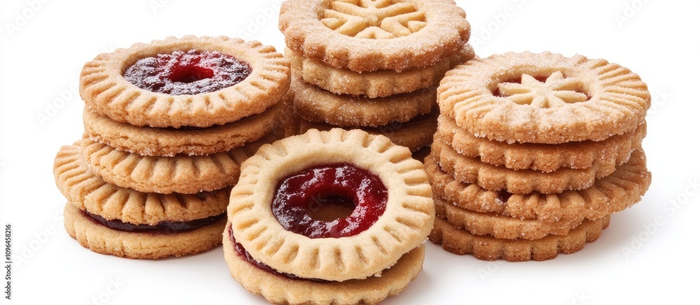 Poster Traditional Linzer Cookies Stacked with Raspberry Jam and Dusting of Sugar on White Background