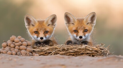 Fototapeta premium two red fox cubs sitting atop a pile of dry grass, with a blurred background The cubs are looking directly at the camera, giving the impression that they are the f