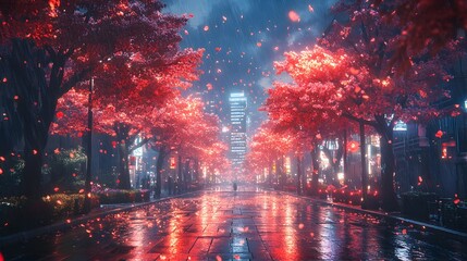 Fototapeta premium A romantic scene under cherry blossoms in vibrant red hues during a rainy night.