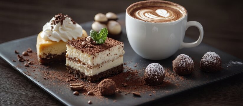 Elegant coffee and dessert pairing featuring tiramisu truffles cheesecake and a beautifully decorated cup on a rustic wooden table.