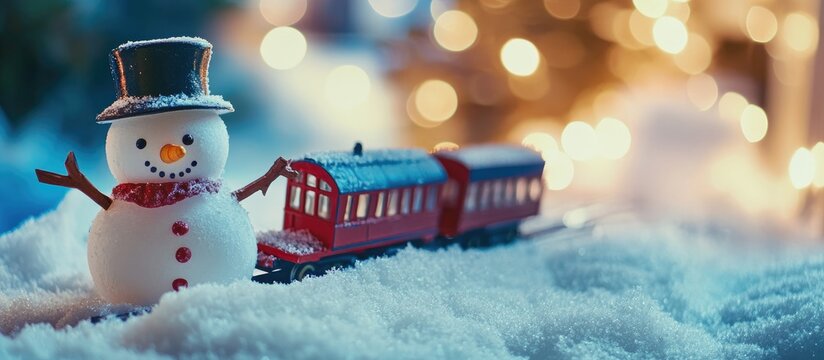 Decorative snowman and toy train on artificial snow with festive lights in the background creating a magical winter scene closeup - Powered by Adobe