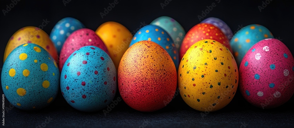 Poster Vibrant colorful Easter eggs arranged beautifully displaying intricate patterns in a dark background setting suitable for festive themes.