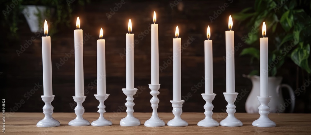 Poster elegant white candles in assorted candlesticks creating a warm ambiance on a rustic wooden table wit